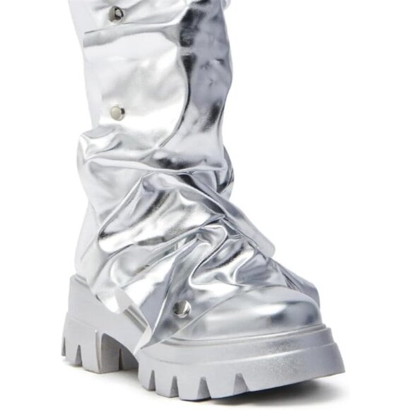 Women's Synthetic Silver Shin Metallic Chunky Sole Unique Wrinkled Long Boots - Picture 3 of 6